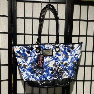 Betsey Johnson Betseyville Blue and Black PVC Tote Bag XL EUC Tag